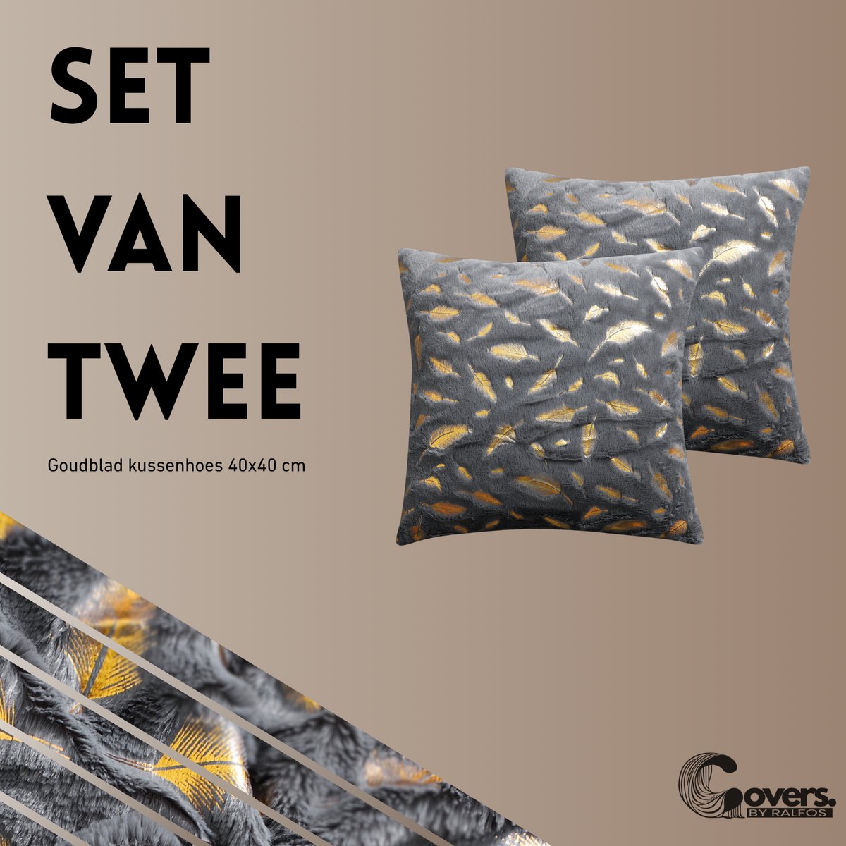 Covers By Ralfos - Set van 2 | Kussenhoes 40x40cm | Grijs Pluche Bladgoud | Kerstsfeer | Luxe Sierkussenhoes | Velvet Look | Kerst | Zonder Vulling