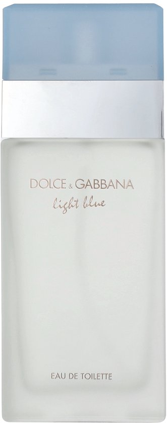Dolce & Gabbana Light Blue eau de toilette fles, lichtblauw met zilveren letters.
