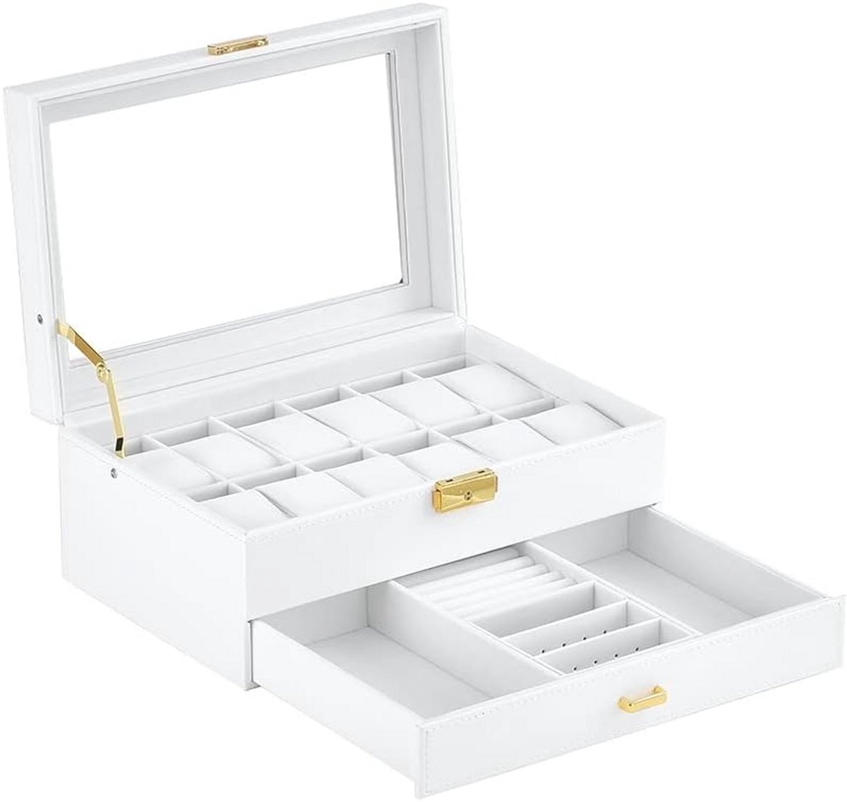 Luxe Horlogedoos met 12 Vakken en Glazen Display - Presentatie-Organizer voor Horloges en Sieraden