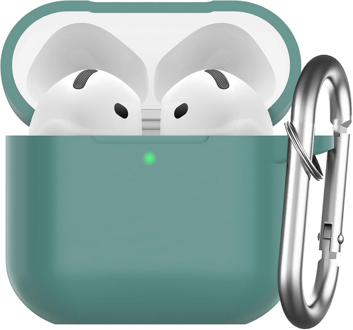 Silicone Hoes voor AirPods 4 - Beschermende Case met Carabiner - Voorzien van LED Weergave - Dennengroen
