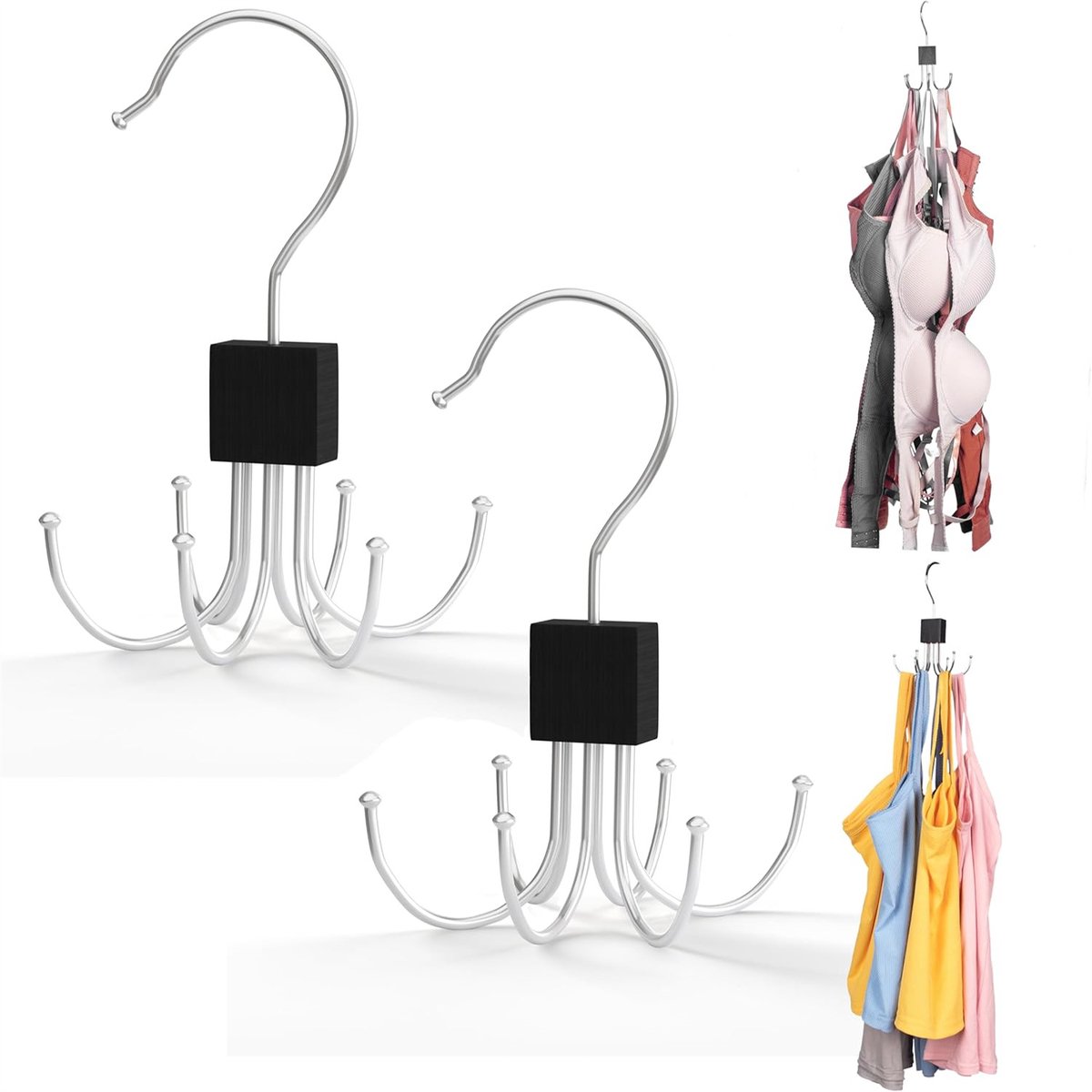 QTTVBTNA - Multifunctionele 6-Haak Kapstok - 360° Draaiend - Voor Kleding, Sjaals, Riem, Stropdas - Zwart - 14x10.5cm - Set van 2
