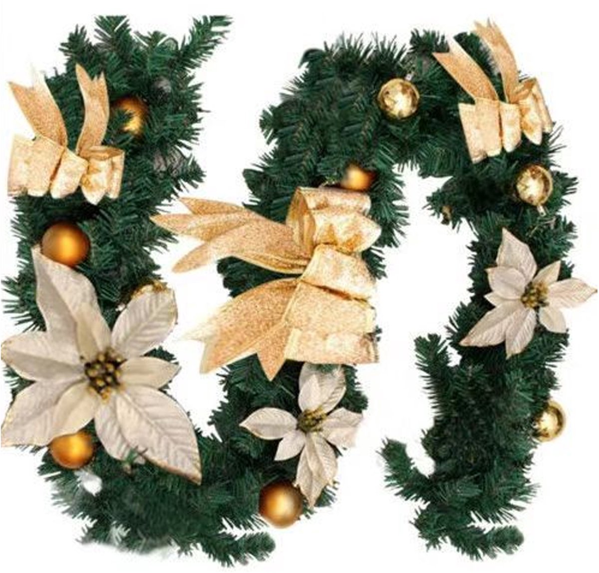 Kerst Slinger voor Trap & Schoorsteen-1.8 m-Lichtslinger met Gouden Bloemstrik-Kunststof-Groen-Kerstdecoratie Binnen & Buiten, Bruiloft, Feest
