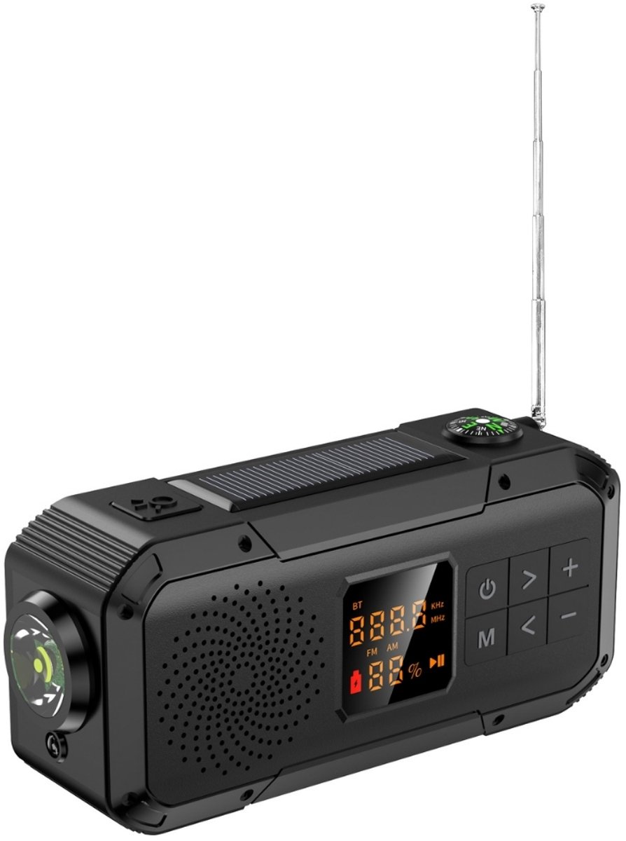 Denk Vooruit - Camp & Survive Solar BT PRO – Zwart - Solar & Hand-Crank Noodradio | NOAA/WB/AM/FM, Bluetooth 5.2, LED Lamp & 2000mAh Powerbank