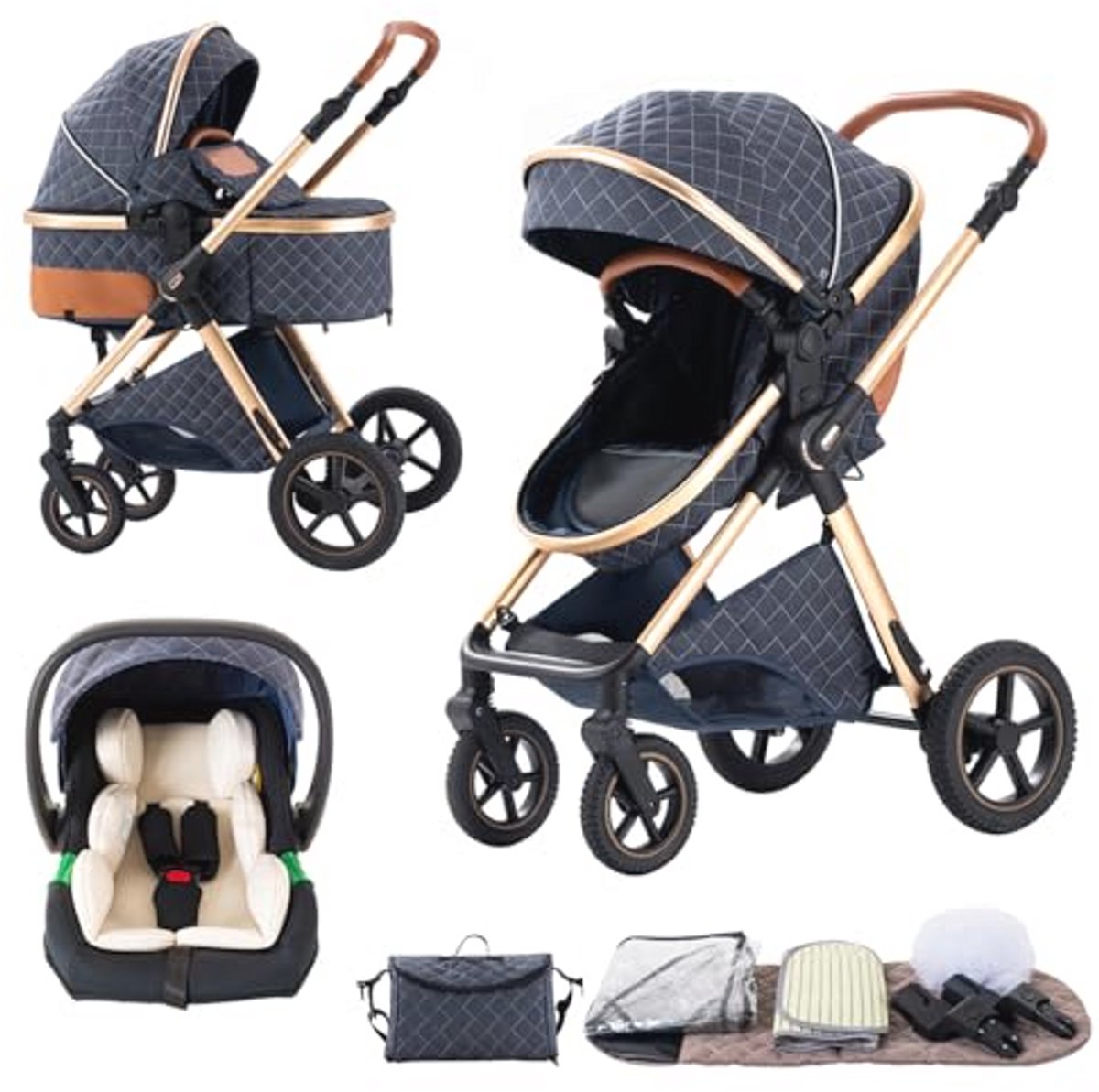 3-in-1 Kinderwagen voor Pasgeborenen - Luxe Opvouwbare Buggy met Hoog Landschap
