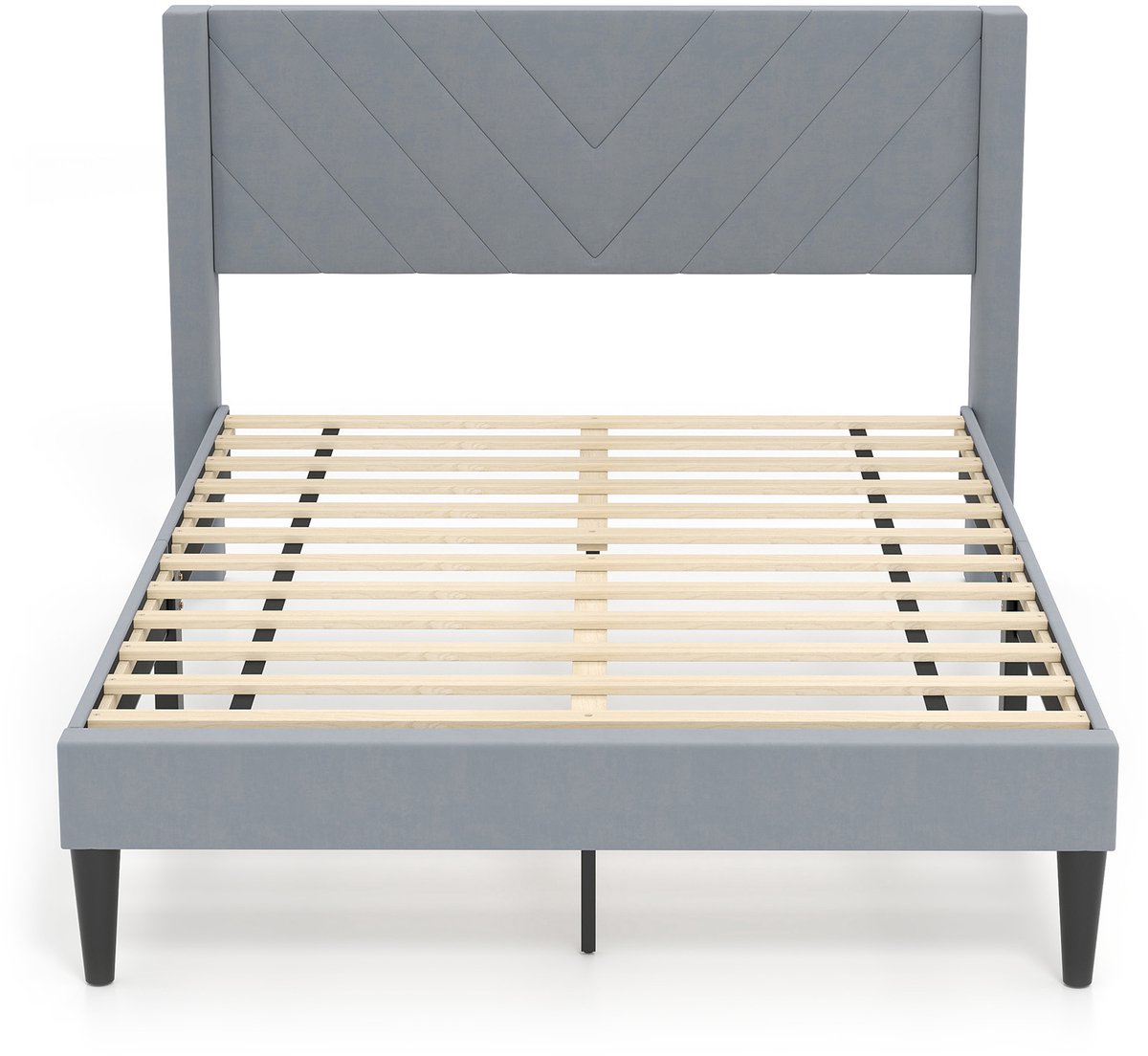 Costway Bedframe voor matras van 200 x 140 cm, fluwelen stof, gevoerd tweepersoonsbedframe, platformbed met hoofdeinde, houten lattenondersteuning, verstelbare voetkussens, grijs (model V, L)
