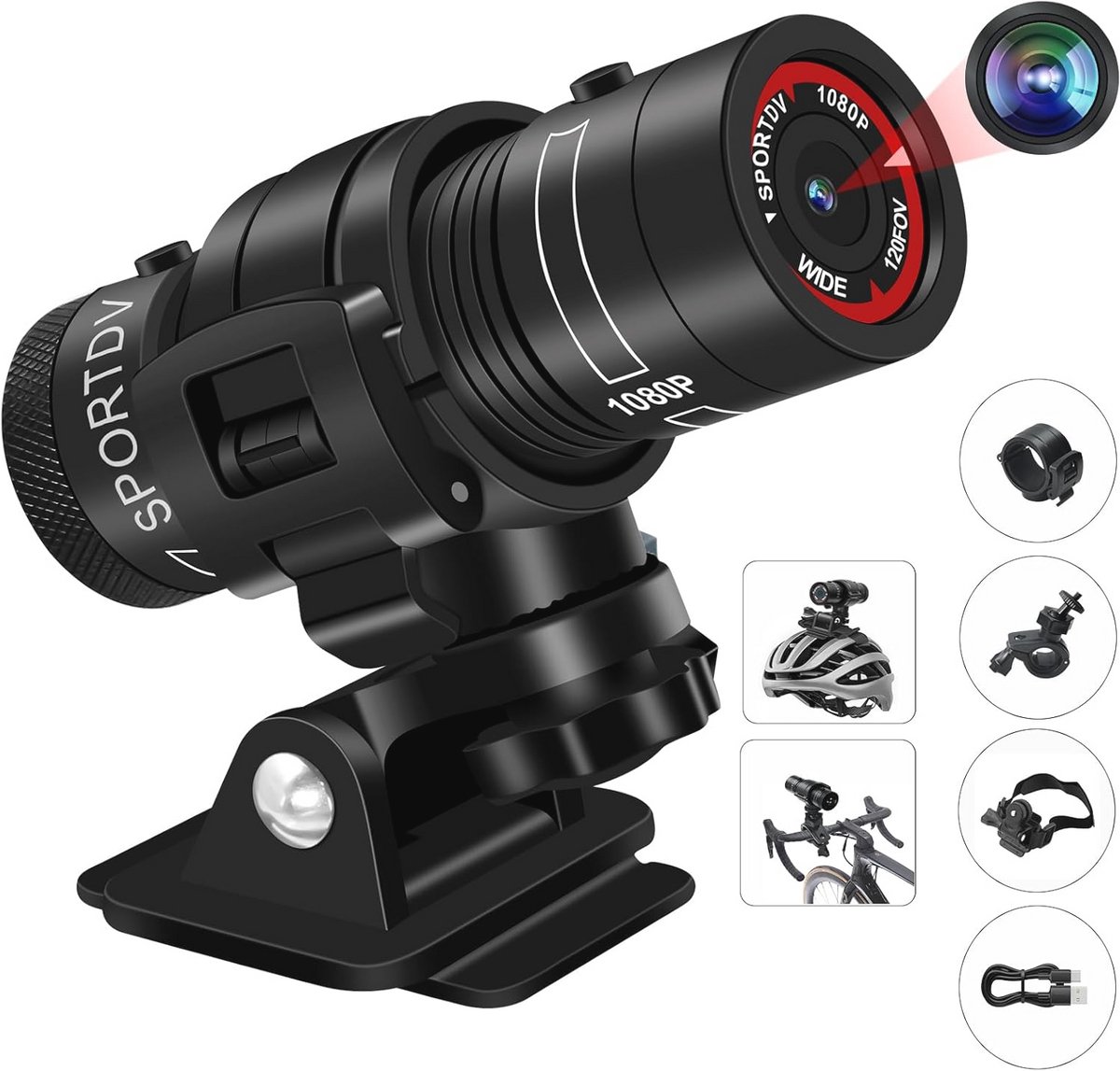 Actiecamera HD 1080p met 120° Groothoek voor Fiets en Motorhelm
