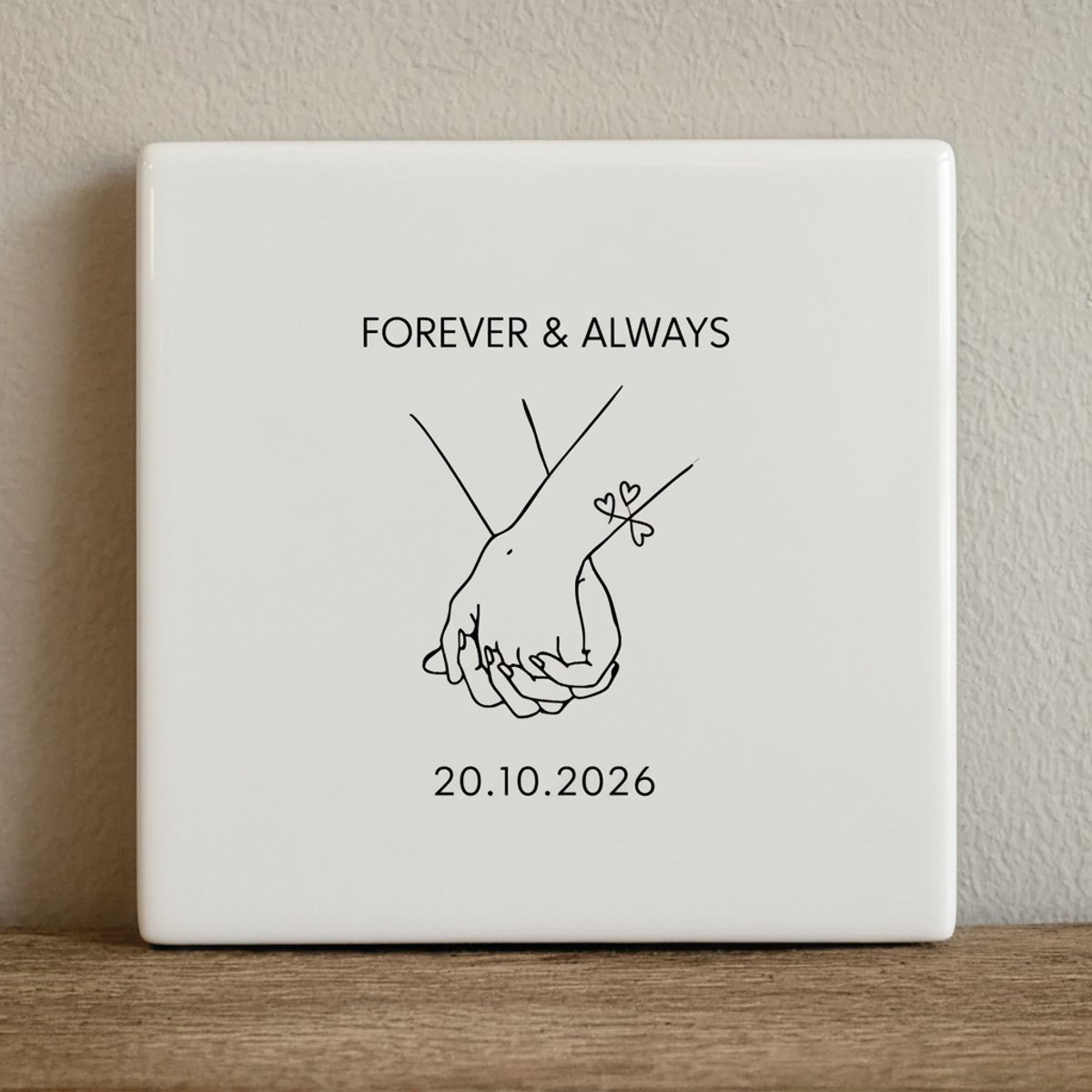 Forever & Always Koppel Keramische Tegel 15x15 cm – Minimalistische Liefde Handillustratie