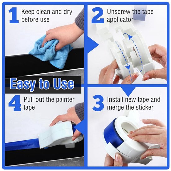 Vier stappen om de tape applicator te gebruiken. Toont handen die de applicator schoonmaken, openen, tape installeren en tape uitrollen.