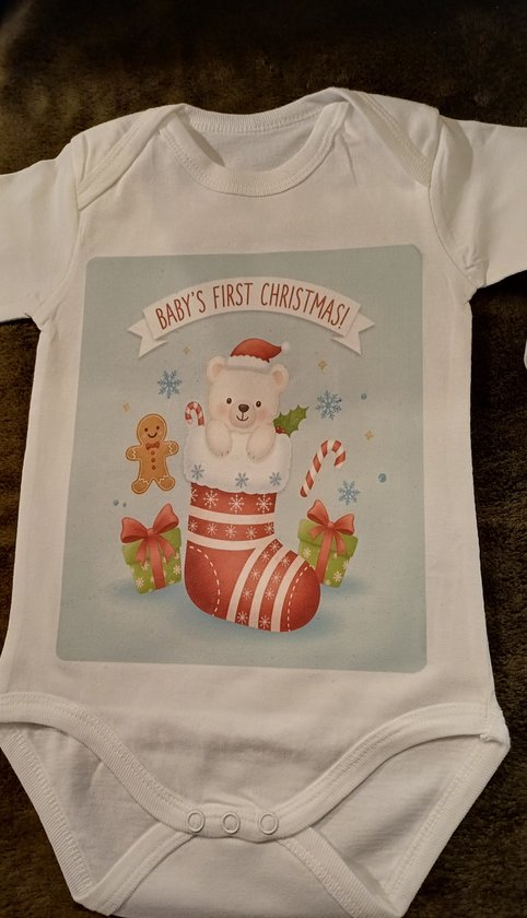 Grenouillère de Noël pour bébé (Taille 74/80) – Grenouillère à manches courtes – Avec chaussette de Noël – Cadeau de Noël amusant / Tenue pour le premier Noël – Vêtements de bébé