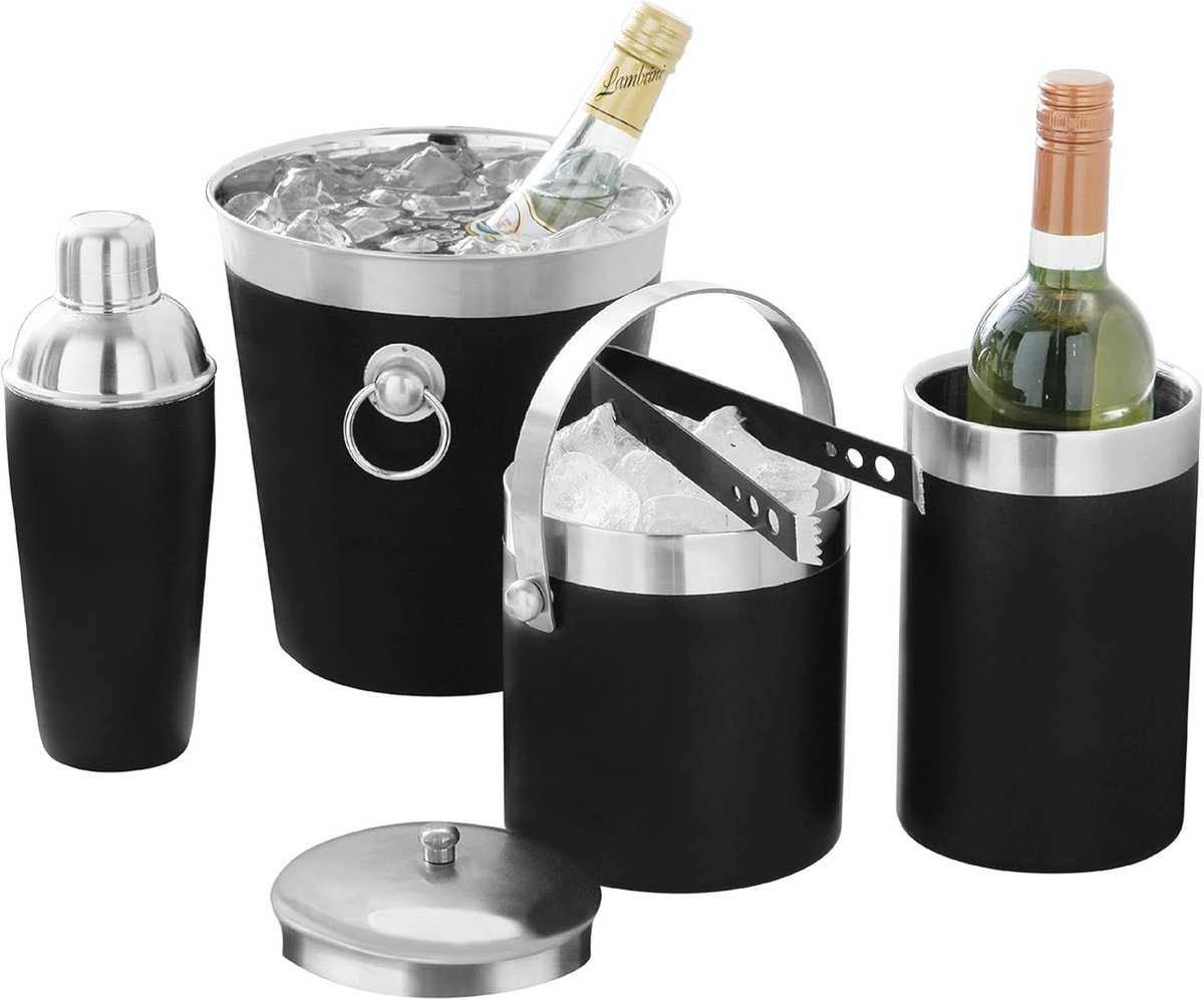 Geëmailleerde champagnekoeler met roestvrijstalen handgrepen en -rand, zwart
