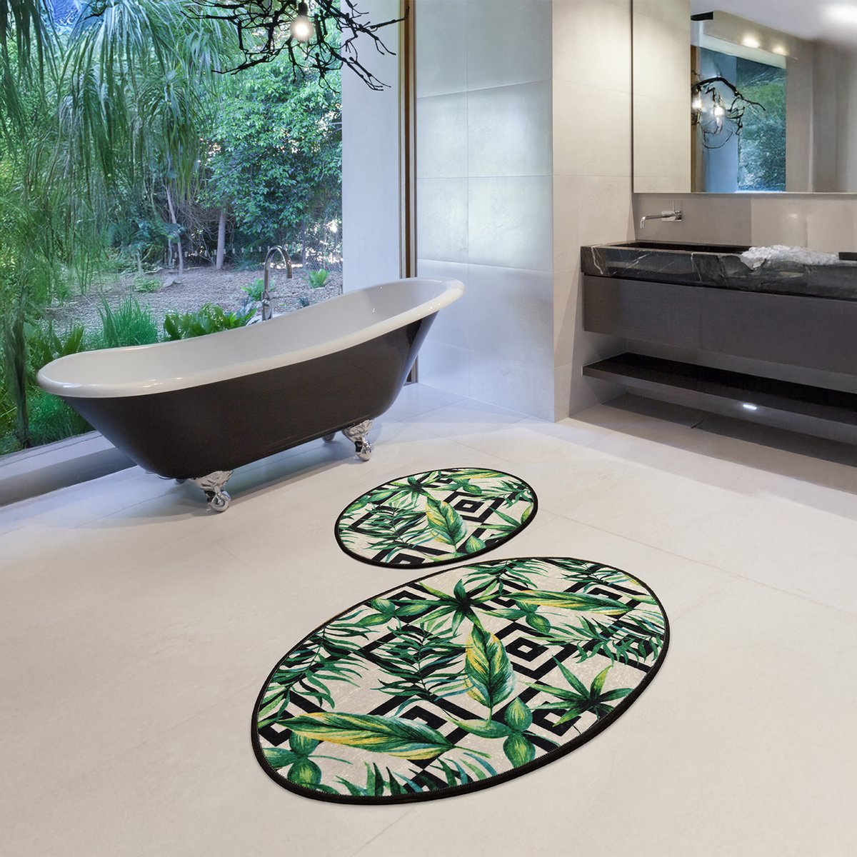 Bosdela Tropic ovaal 2-delige badkamermatten, wasbaar, zacht en comfortabel – toiletmat + badmat – ideaal voor badkamer en toilet, met 60x100 cm + 50x60 cm