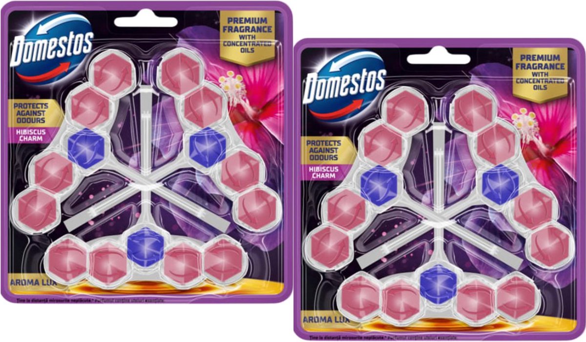 Domestos Aroma Lux Hibiscus Charm WC Blokjes - 2 Pack - 6 x 50g - Bestrijdt Kalkaanslag en zorgt voor Hygiene en Frisheid tot 900 Spoelingen - WC Blokjes Voordeelverpakking - Toilet Blokjes