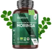 Bruine pot met groene label van WeightWorld, met het opschrift "GECERTIFICEERD (BIO) BIOLOGISCH MORINGA". Met EU biologisch keurmerk. Twee groene takjes aan weerszijden.