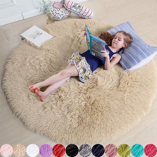 Rond vloerkleed, 1,2 x 1,2 meter, geschikt voor een meisjeskamer; zacht rond vloerkleed, geschikt voor een kinderkamer (beige).