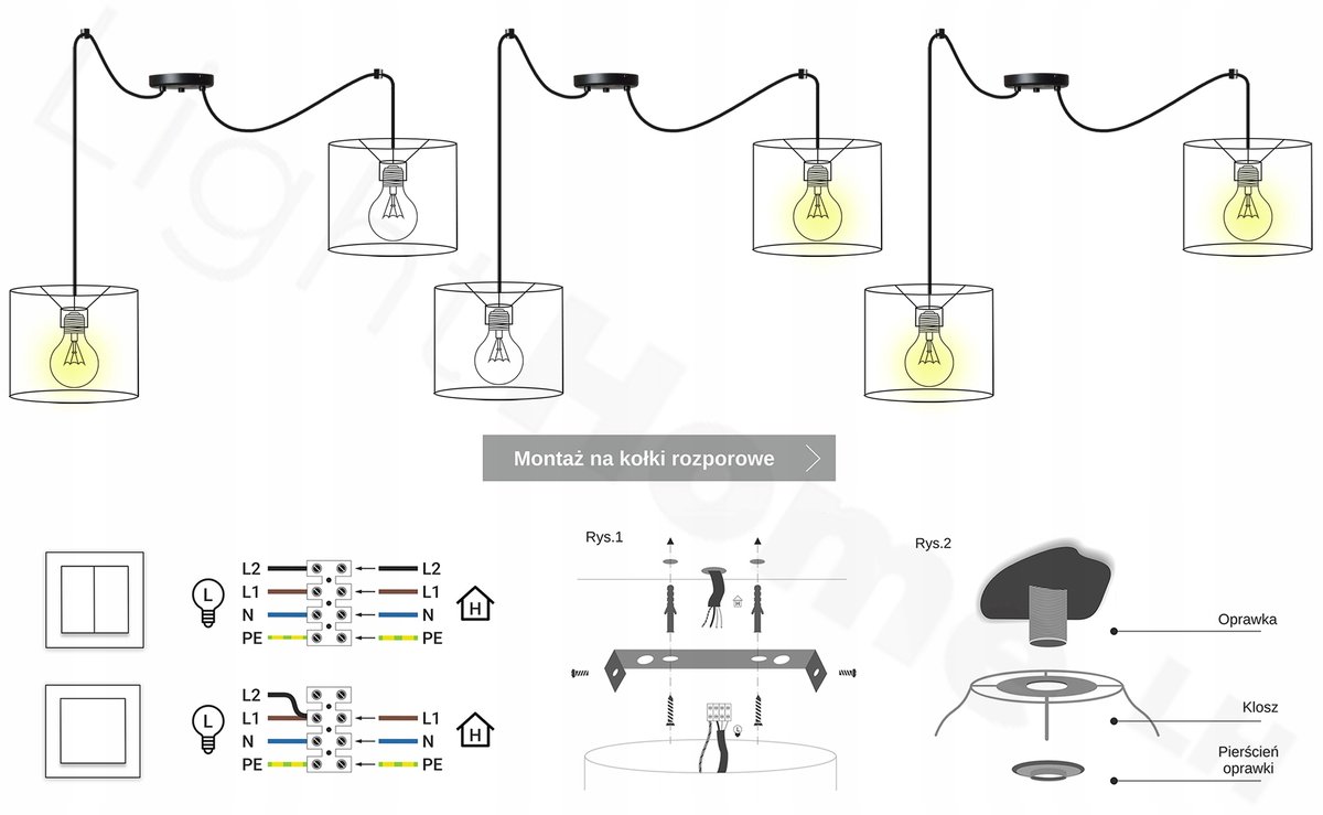 Light-Home WERONA – Hanglamp – 2-lichts – Zwart/Koper – Metalen Constructie – Verstelbare Hoogte