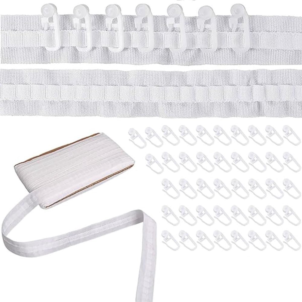 Gordijnband - plooiband - vouwband - 30 meter - 2,5 cm - 50 gordijnhaken - afneembaar - hangende doeken - douchegordijnen - wit - gordijnaccessoires met haakjes