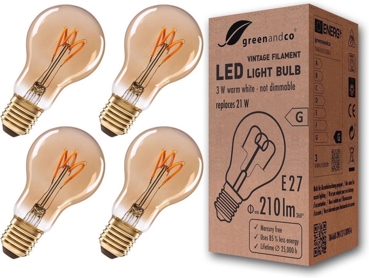 Vintage filament LED lamp E27 A60 3W 210lm 2000K extra warm wit flikkervrij
