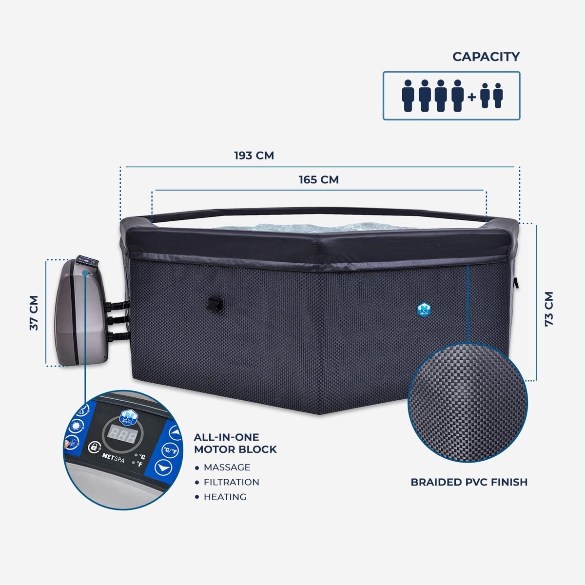 Opblaasbaar Bubbelbad – Industrial Home Premium OctoSpa 6-Persoons – Achthoekig Spa Bad met 100 Bubbelstralen – Extra Diep 73 cm – 1000L – Verwarming, Filterpomp & Thermische Afdekking – Draagbaar PVC Spa – Zwart – 193x193 cm