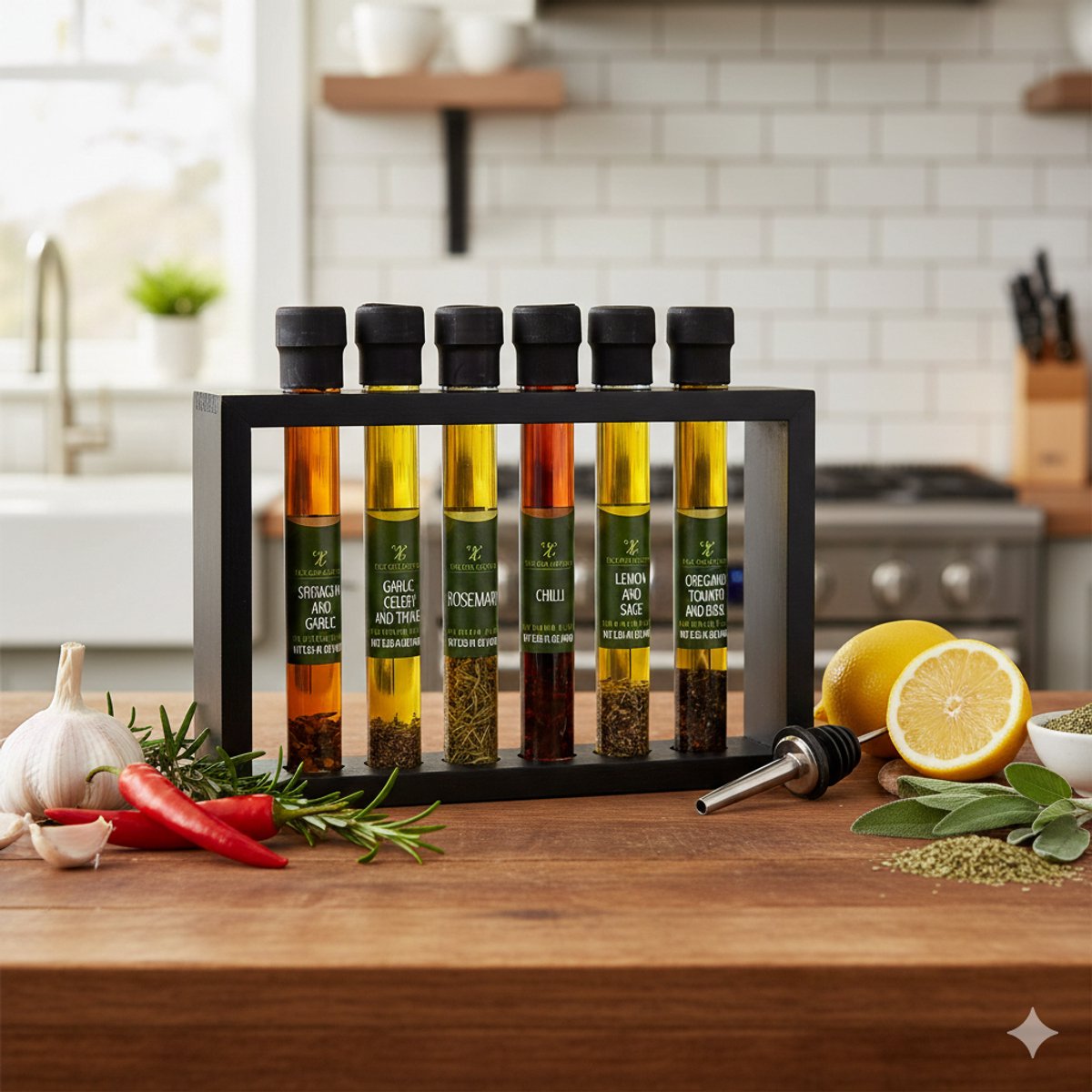 Olijfolie Cadeauset – 6x40 ml Gearomatiseerde Olijfoliën – Basilicum, Knoflook, Chili, Citroen, Rozemarijn & Oregano – Luxe Kook- & Dipolie Geschenkset