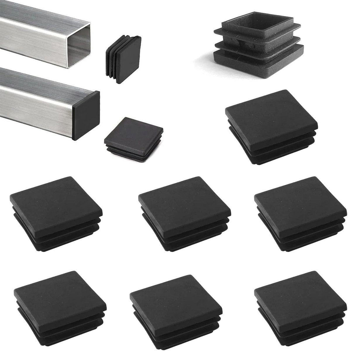 Vierkante kunststof stekkers voor buispalen - 6 stuks - 75 x 75 mm - Zwart