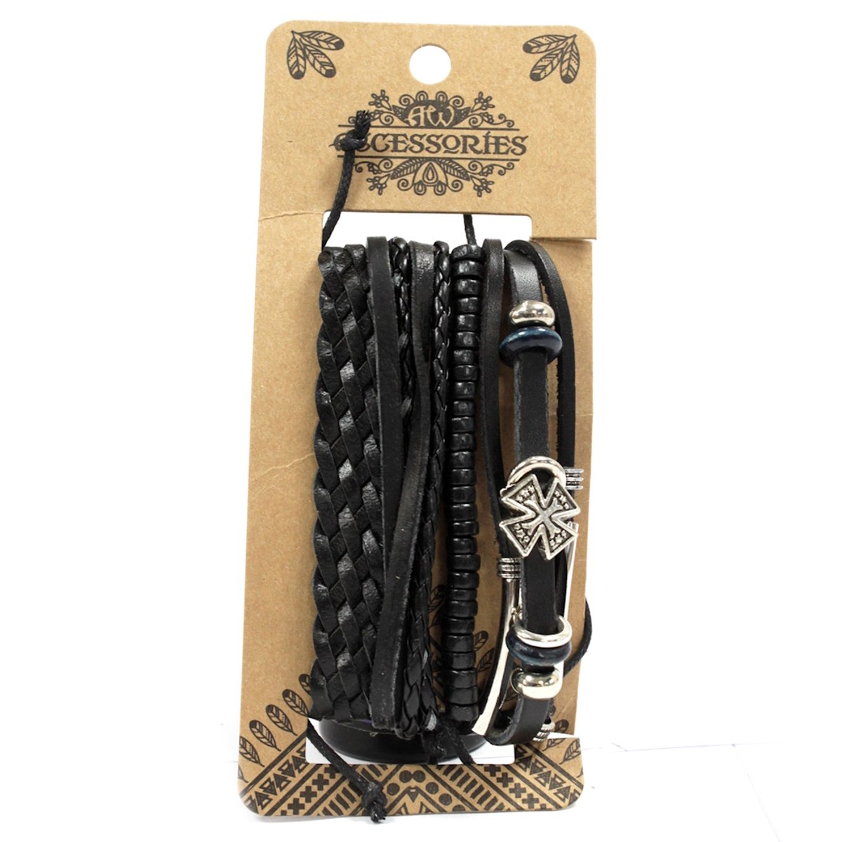 Heren Armband Set – Black & Macho - Imitatieleer - Metaal - Kralen - Zwart