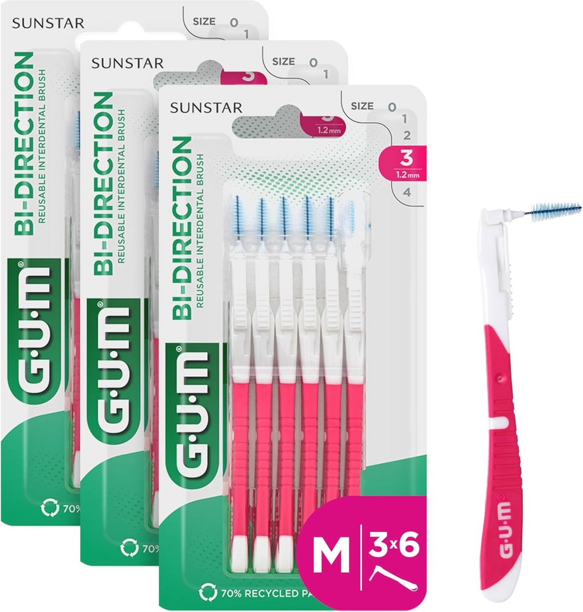 Interdentaalborstels met Twee Posities voor Effectieve Tandenreiniging | 1.2 mm, ISO 3 | Maat M | 3 x 6 Bundel