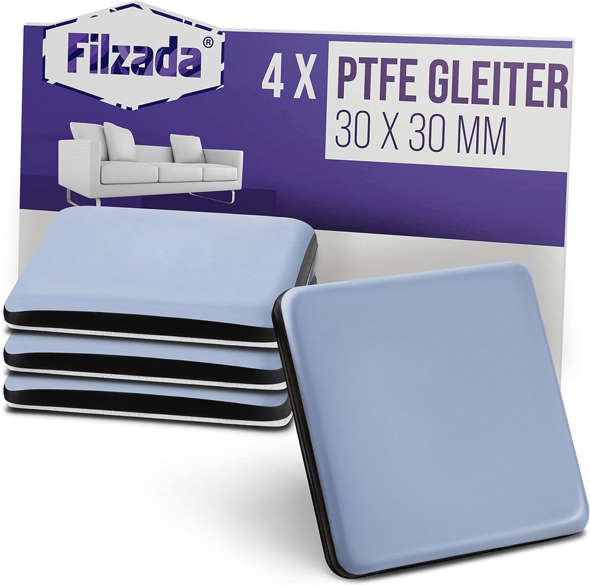 4x Zelfklevende Teflon meubelglijders - 30x30 mm vierkant - Professionele tapijtglijders PTFE