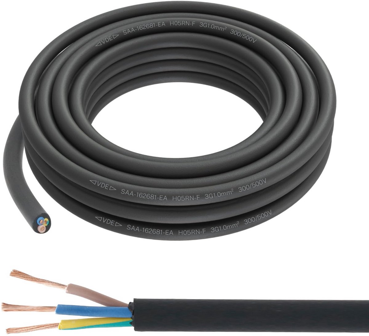 Rubberen buitenkabel 3 x 1 mm² - 5 meter, flexibel en weerbestendig voor tuinverlichting en gereedschap