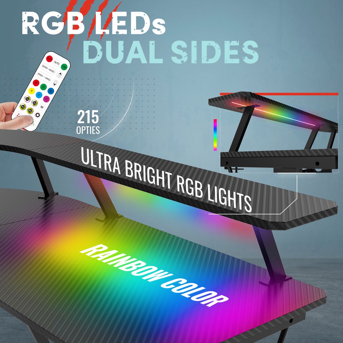 For The Win Hoekbureau - L-Vormig Game Bureau - 130x130x74 cm - Gaming Bureau met LED Verlichting - Incl. RGB Muismat - Monitor Standaard - Gaming Desk - Computer Tafel - Gaming Tafel