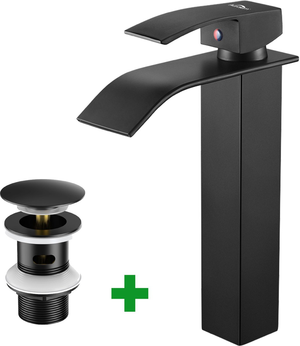 Auralum Max Wastafelkraan - Zwart Badkamer Kraan - Mit Pop-up Afvoerventiel - Waterfall Wastafelkraan - Watervalkraan Badkamerkraan - Waterbesparend - Zwarte