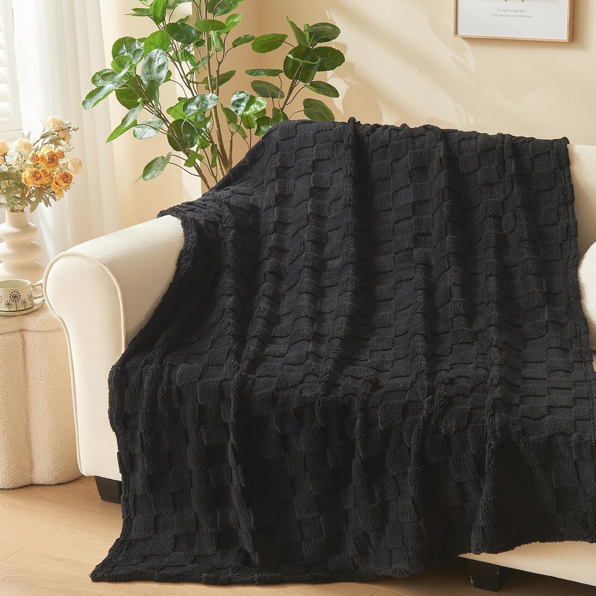 Zachte plaid zwart, premium flanel fleece deken 3D geruit voor alle seizoenen (50 x 70 inch)