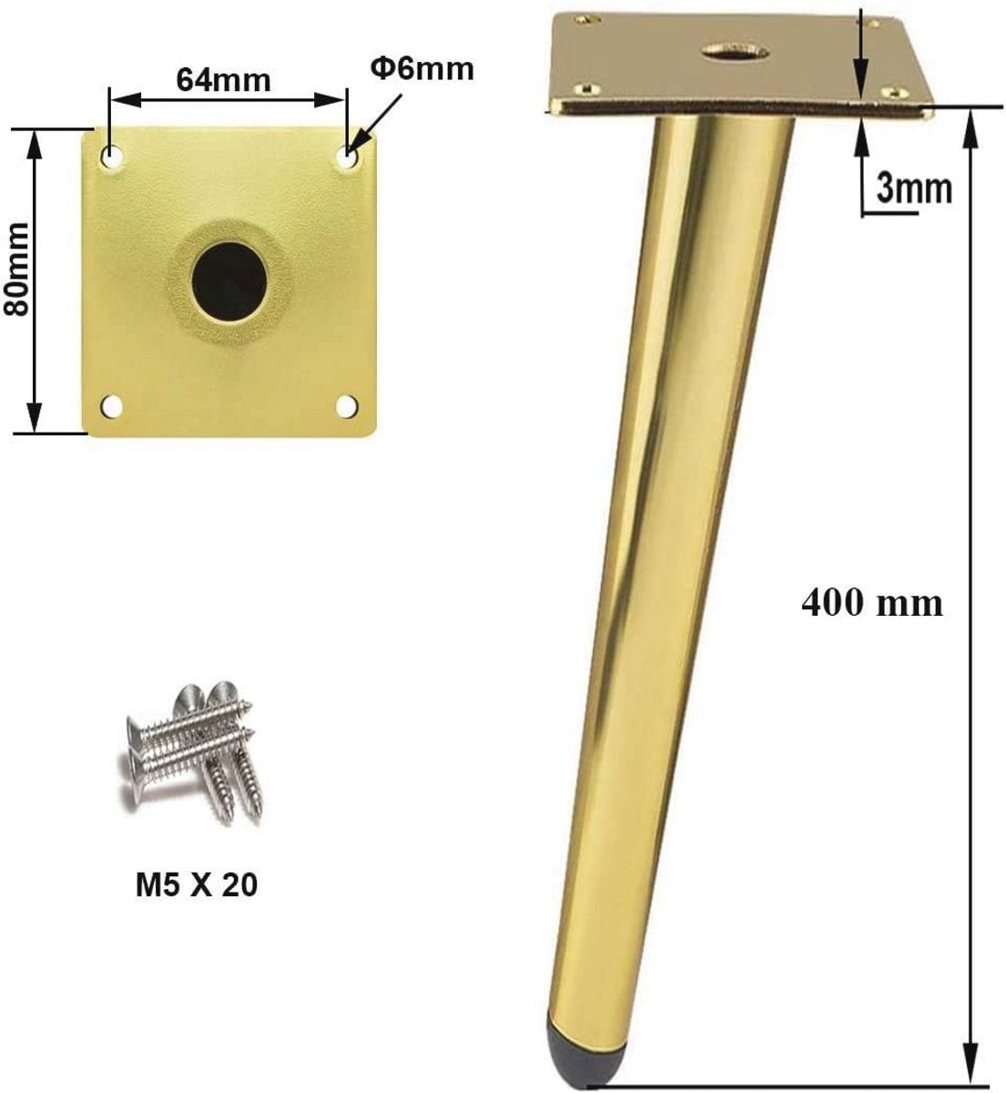 4 stuks schuine metalen tafelpoten - Kegel meubelpoten in roestvrij staal, gouden verf - 40 cm hoog voor geruisloze vervanging