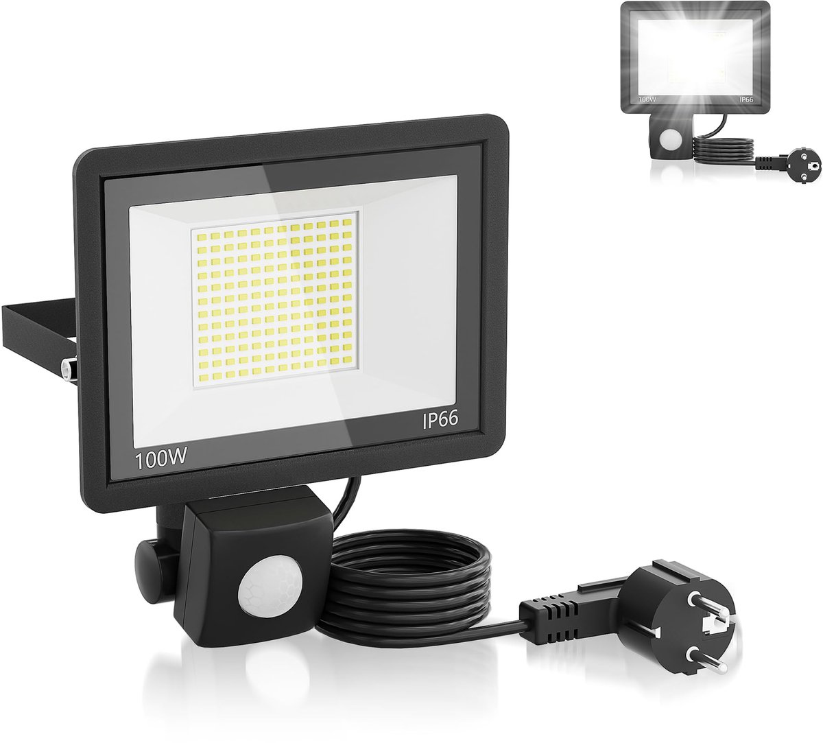 Aufun LED Schijnwerper Koel wit met Bewegingssensor en stekker – 100W 3500LM 6500K IP66 voor Tuin/Terras/Garage
