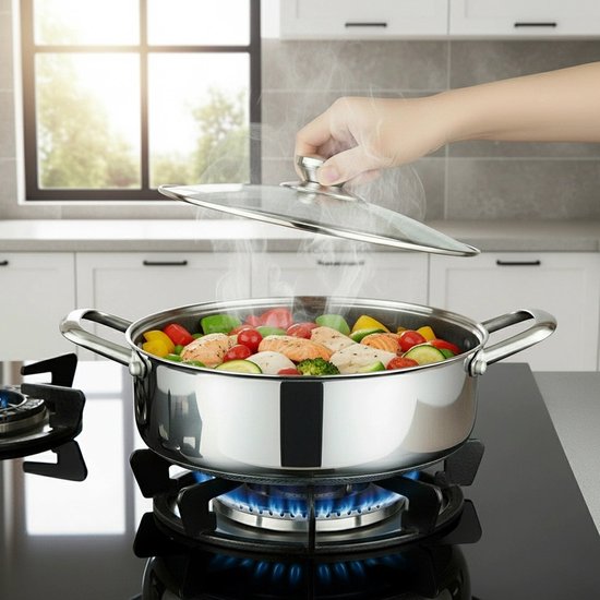 Cheffinger, Sauteerpan 32 cm met honingraatcoating, deksel en roestvrijstalen handgrepen, Zilveren van Merkloos — afbeelding 3