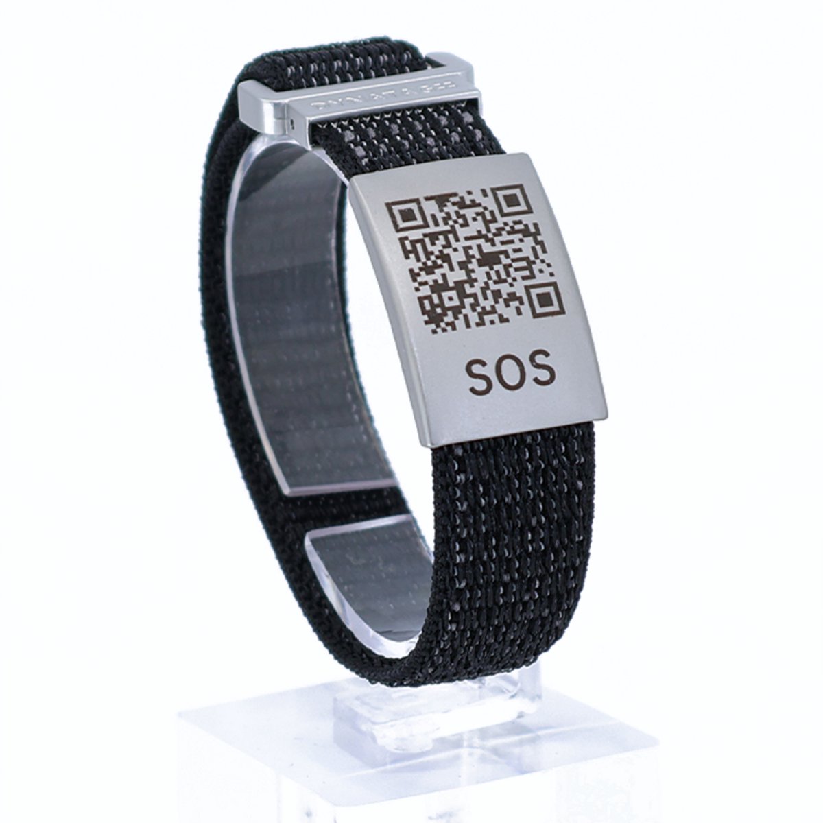DynaTag SOS Armband Medische Armband met QR-code - Textiel Zwart/Grijs - Volwassenen en Kinderen