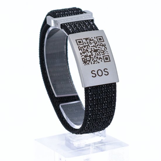 DynaTag SOS Armband Medische Armband met QR-code - Textiel Zwart/Grijs - Volwassenen en Kinderen