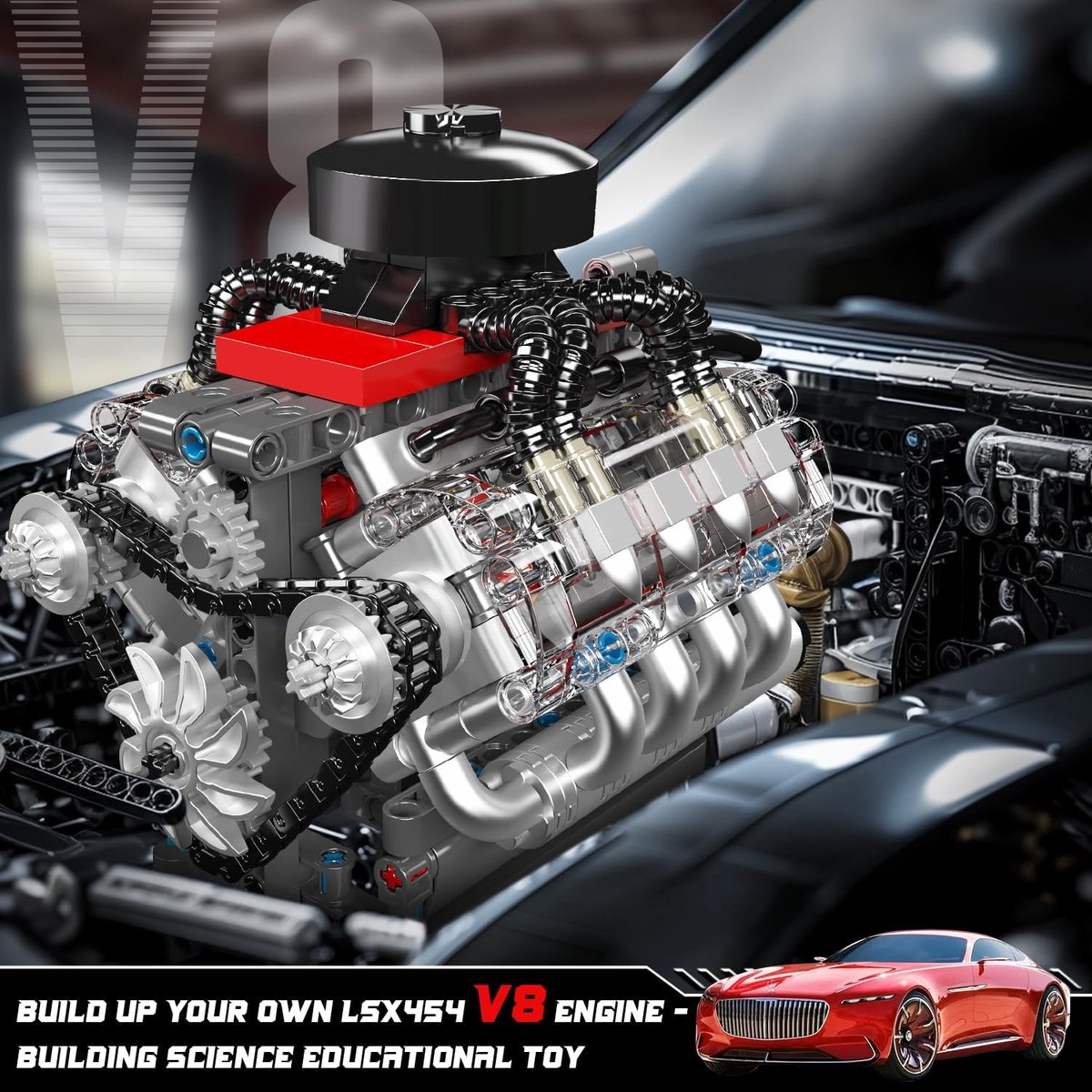 Mould King 10171 Icons Technic V8 formule 1 motor | F1 speed champions modelbouw | Creator classic bouwpakket compatibel met lego | Technische speelgoed ideas voor expert volwassenen & kinderen | Bouwdoos met 535 bouwstenen — afbeelding 2