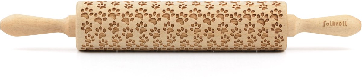 Folkroll deegroller hondenpootjes, groot, 43 cm, deegroller, embossingroller, patroon, motief, roller, beukenhout, 330326