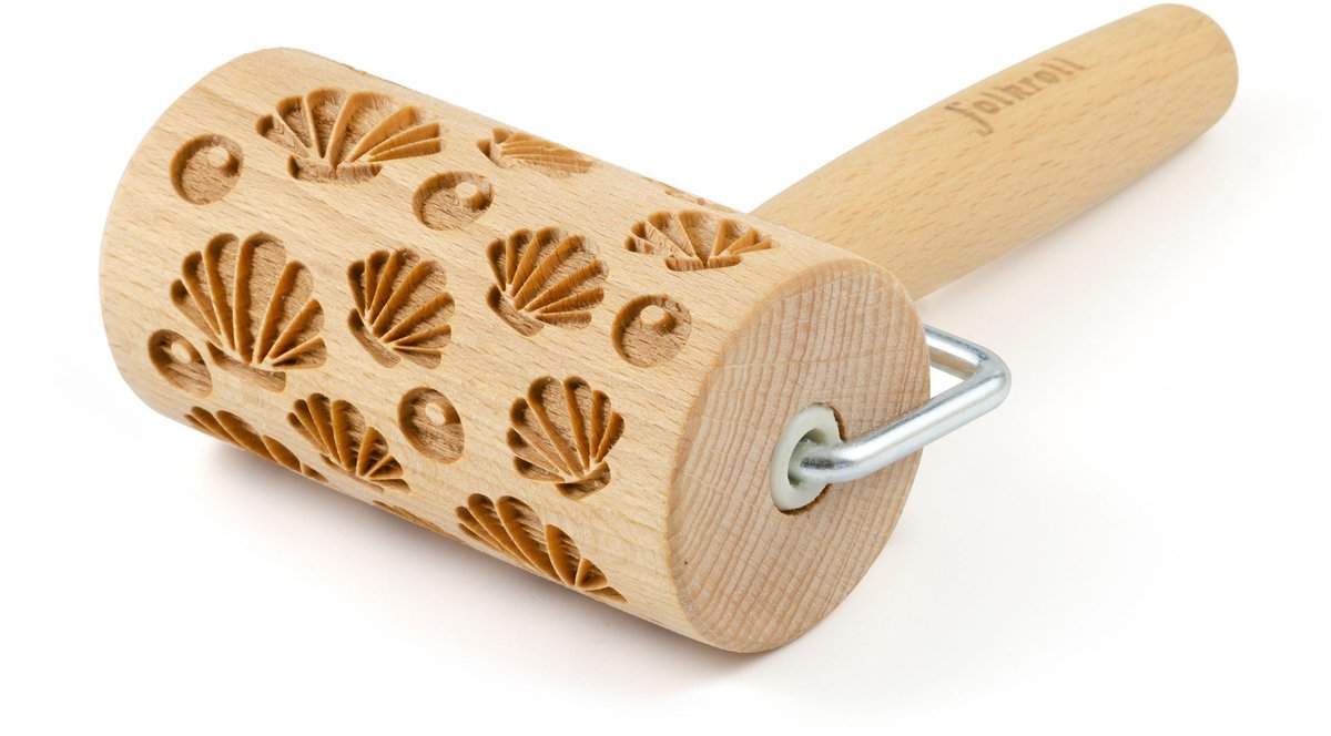 Folkroll gebakroller schelpen, mini, 9,5 cm, deegroller, embossing roller, patroon, motief, roller, beukenhout, 337035