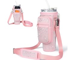 Glanzende thermoskanhoes met verstelbare schouderband en telefoonvakje, geschikt voor een Stanley Cup van 1,2 liter, draagbaar, roze.