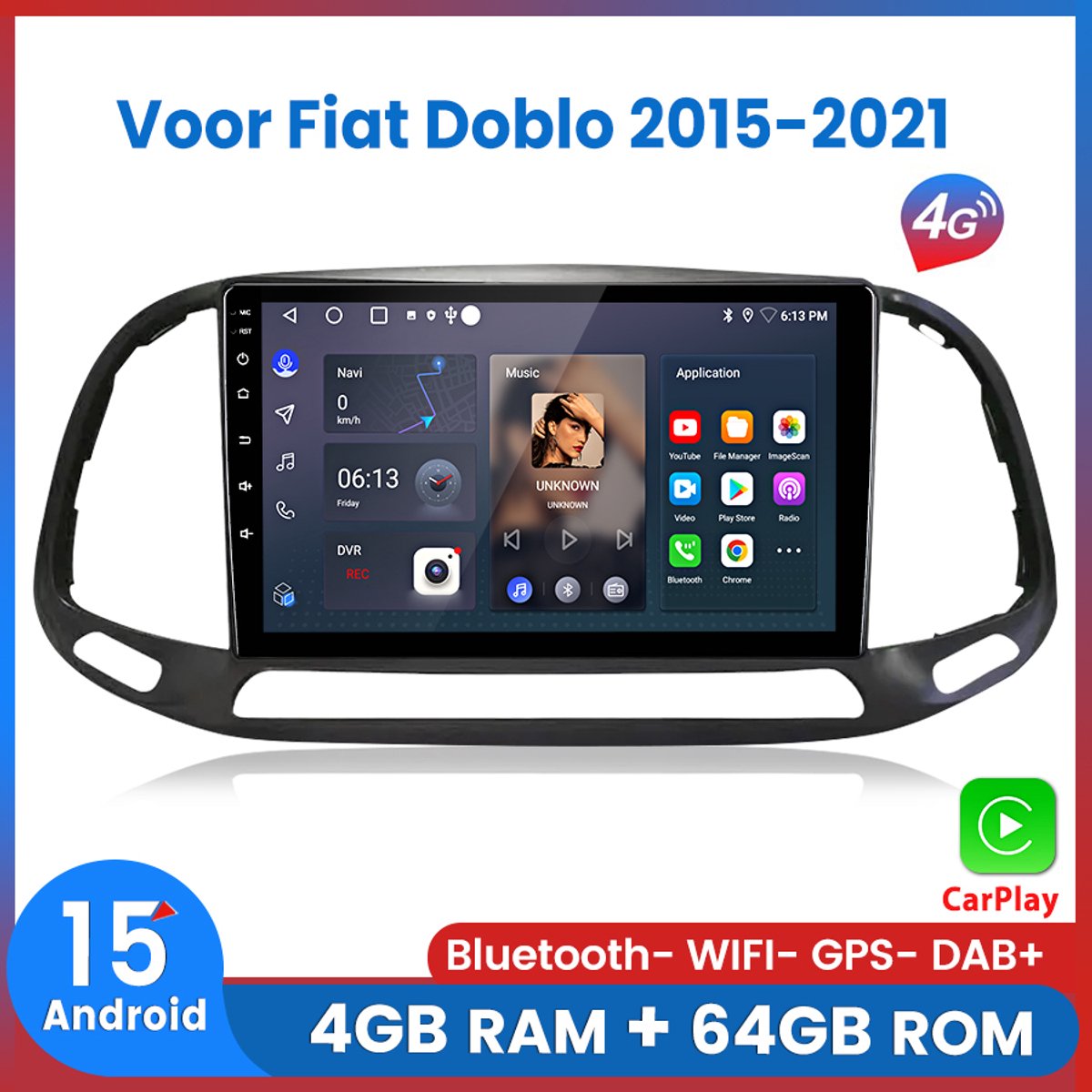 Awesafe 8-Core V1PRO 4+64GB Autoradio - Geschikt Voor Fiat Doblo 2015 t/m 2021 - Draadloze Carplay Android Auto - Touchscreen - GPS Navigatie 4G WiFi - Bluetooth Radio - 2015 2016 2017 2018 2019 2020 2021