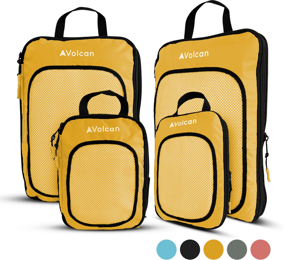 Volcan Compression Packing Cubes - Koffer Organizer Set - Met Compressierits - Backpack & Koffer - Set van 4 - Oker
