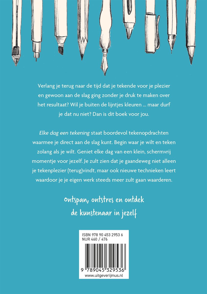 Achterkant van het boek 'Elke dag een tekening' met tekst en een illustratie van tekenmaterialen.