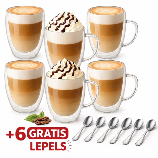IBS Home - Verres à café - Verres à café - Verres à thé à double paroi - Verres à latte macchiato - Verres à Cappuccino - Tasses à café - 350 ml - Set de 6 - Verre borosilicaté à double paroi - Verres à café avec anse - Tasses à café