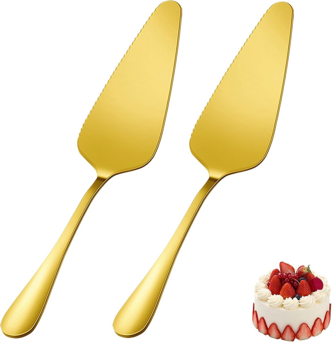 Killogood Bakkersgereedschap Set - 2-delige Taartensnijders - Roestvrijstaal & Goudkleurig Ontwerp - Universeel voor Taart, Pizza en Gebak - 2 Stuks Gekartelde Messen (voor Keuken, Restaurant, Feesten, Bruiloft)