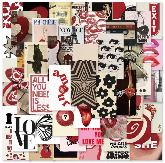 Collage d'images rétro dans des tons rouges, noirs et blancs. Les éléments incluent des lèvres, des yeux, des guitares, du texte et un chat.
