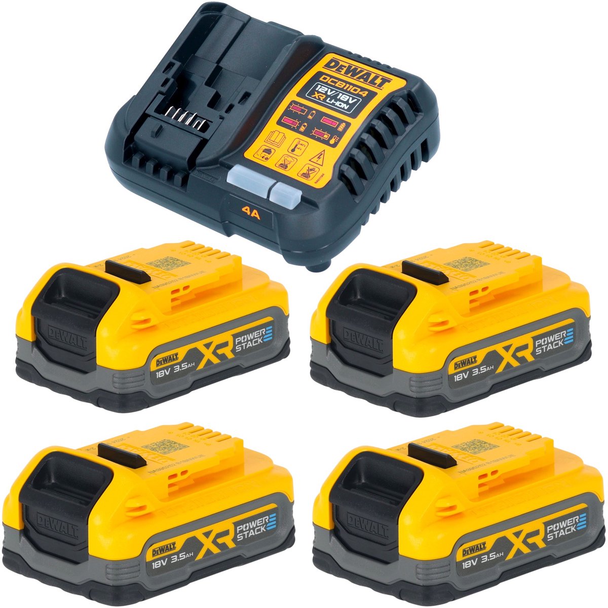 DeWalt DCB 1104 S4 accu-starterset met snellader + 4x Powerstack-accu 18 V 3,5 Ah