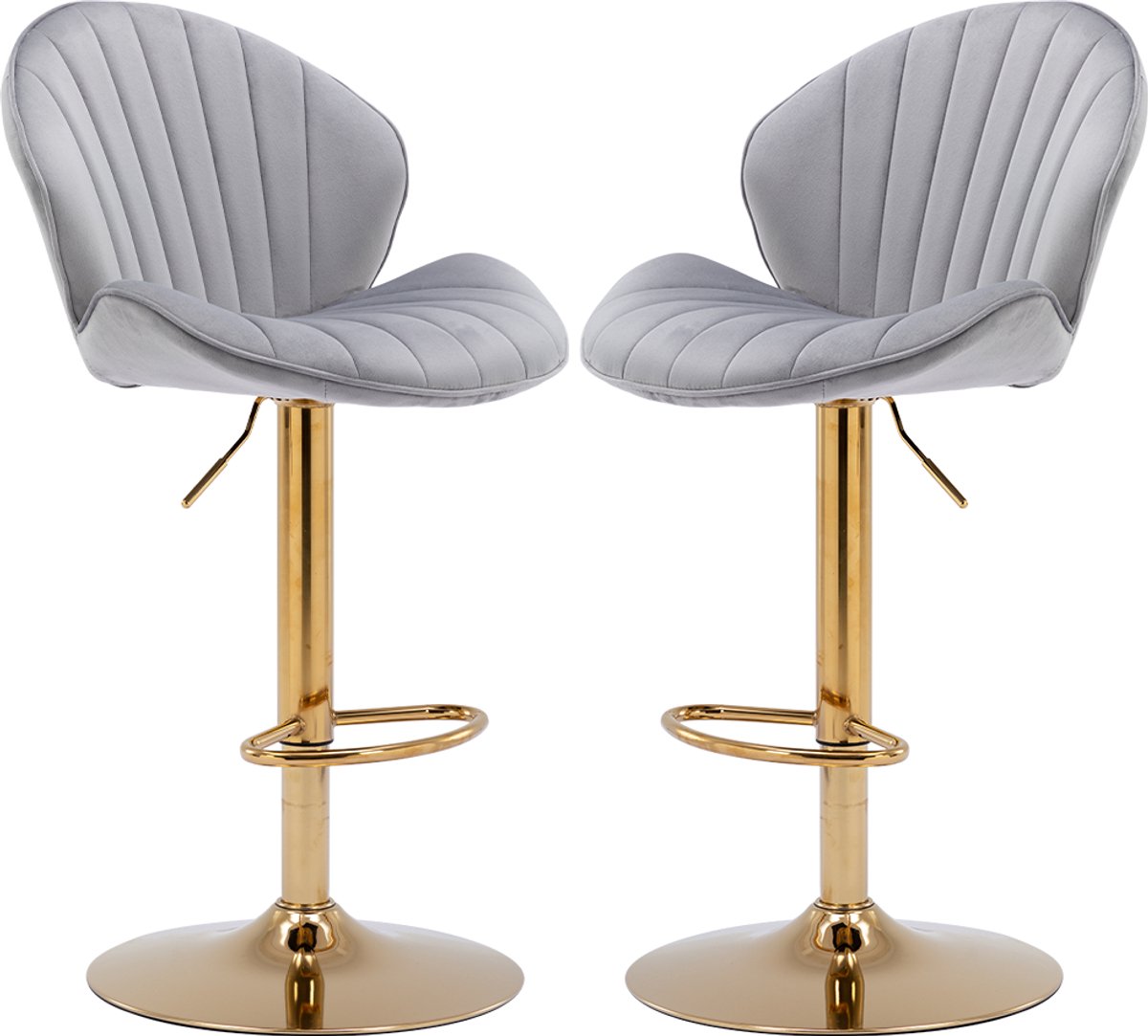 chairus Barkruk Set van 2 Barstoelen - Grijs - Velvet - Schelpvormige rugleuning - Armloze stoelen - Draaibare en in hoogte verstelbare - Met Metalen Onderstel en Voetsteun