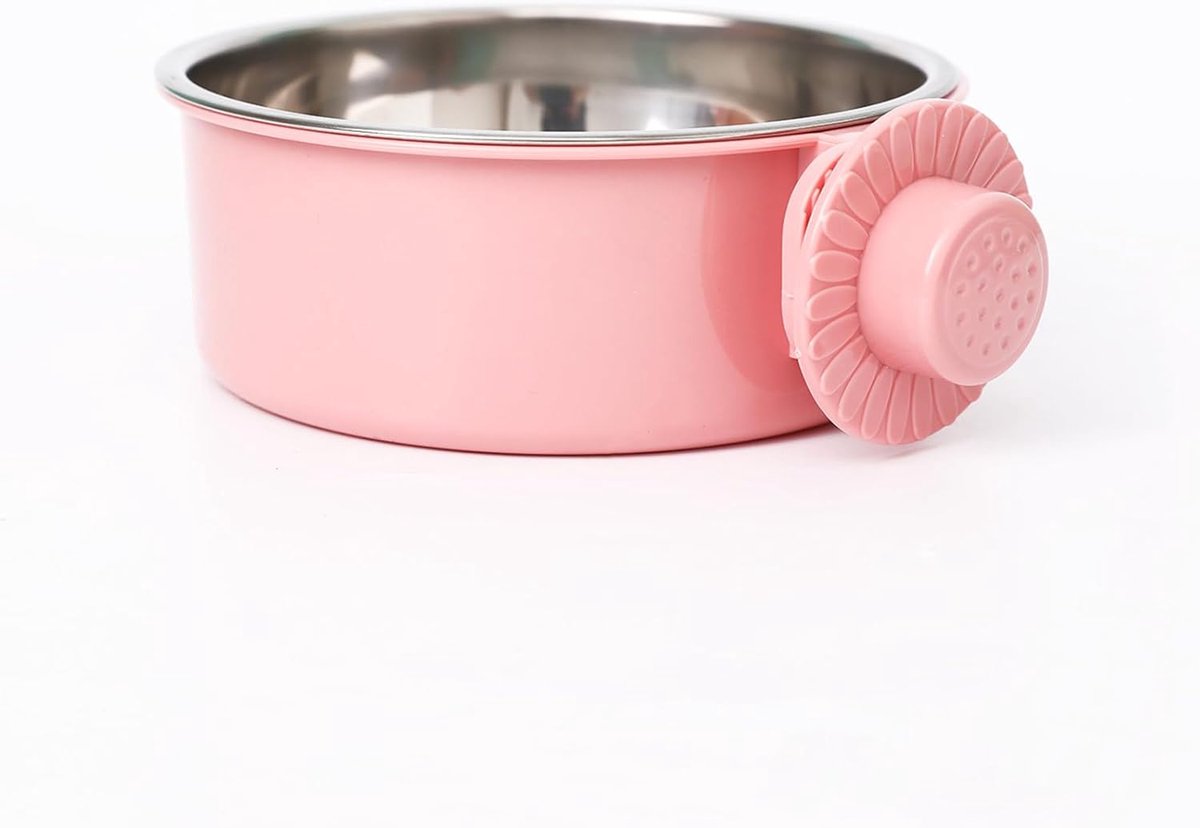 Daity Een anti-kantelbare, vast ophangbare hondenvoerbak, een afneembare voerbak van roestvrij staal en een anti-kantelbare waterdispenser, middelgroot, 450 ml, geschikt voor kleine honden/katten/konijnen (roze).