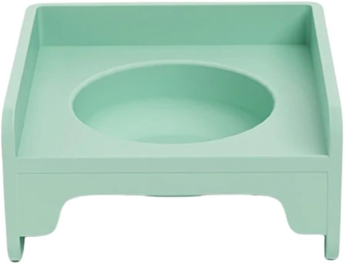 Daity Een set vierkante kattenvoerbakken, inclusief standaard en voerbak, die aan een tafel bevestigd kan worden. De voerbak is voorzien van een lekvrije hals voor water en voer (groen).